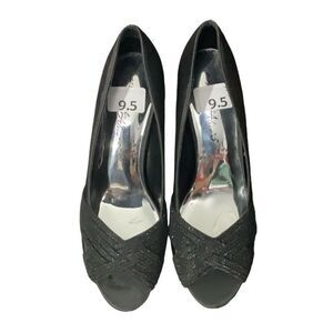 Easy Street Alive 5 Black Satin Glitter Peep Toe Womens Pumps Party Size 9.5 NEW